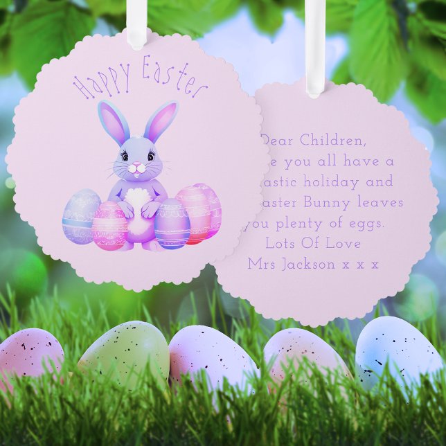 Lilac Bunny and Pink Oaster Eggen Kindergarten Ornament Karte (Front And Back)