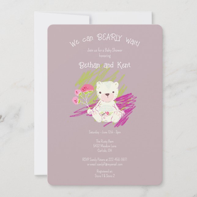 Lilac Burnished Boho Teddy Bear Baby Shower Einladung (Vorderseite)