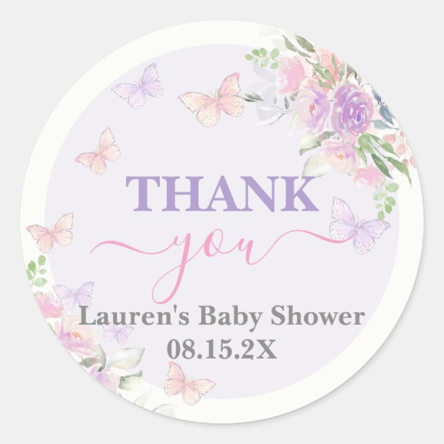 Lilac Butterfly Baby Shower Girl Runder Aufkleber (Vorderseite)