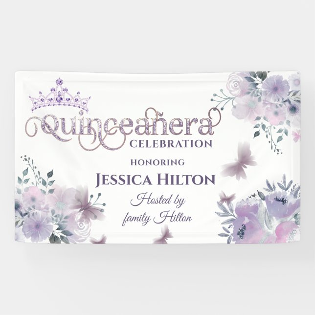 Lilac Butterfly Blumengarten tiara Quinceañera Banner (Horizontal)