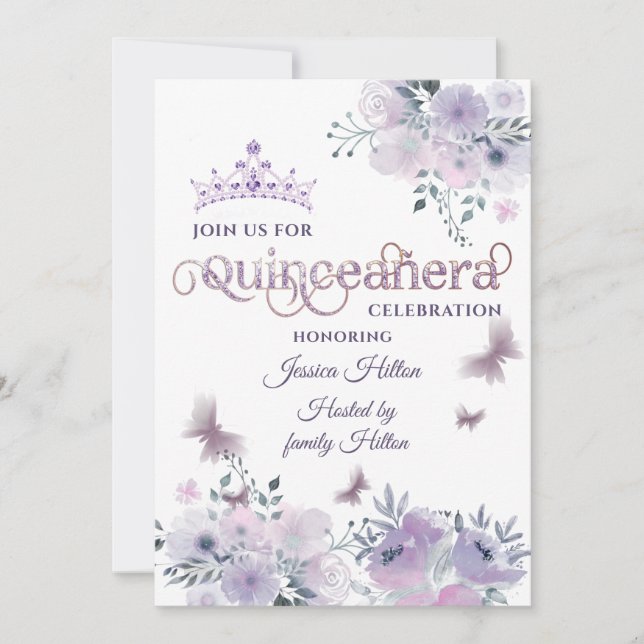 Lilac Butterfly Blumengarten Tiara Quinceañera Einladung (Vorderseite)
