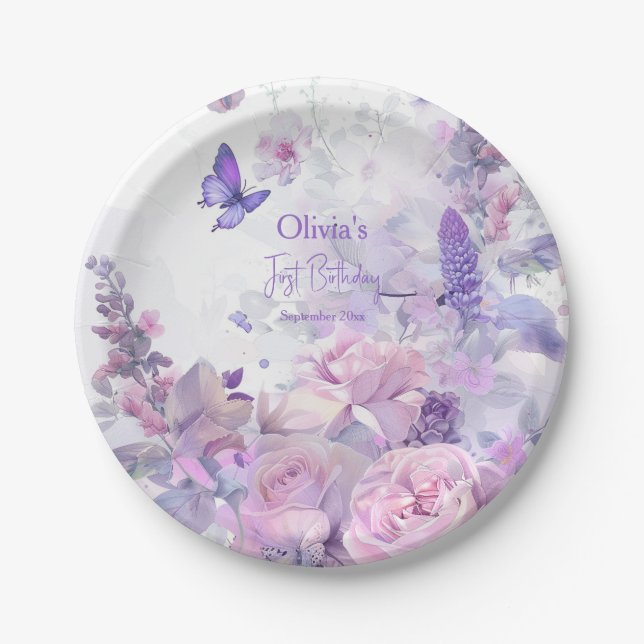 Lilac Butterfly Watercolor Disposable Pappteller (Vorderseite)