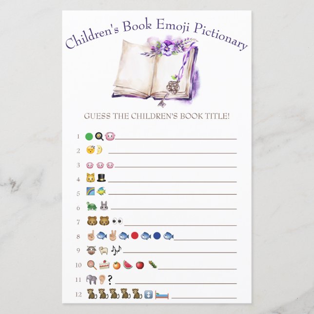 Lilac Children's Book Emoji Baby Shower Game (Vorderseite)