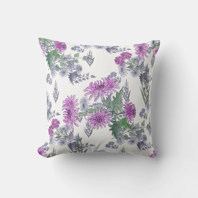 Lilac chrysanthemas, Aquarellfarben Kissen (Vorderseite)