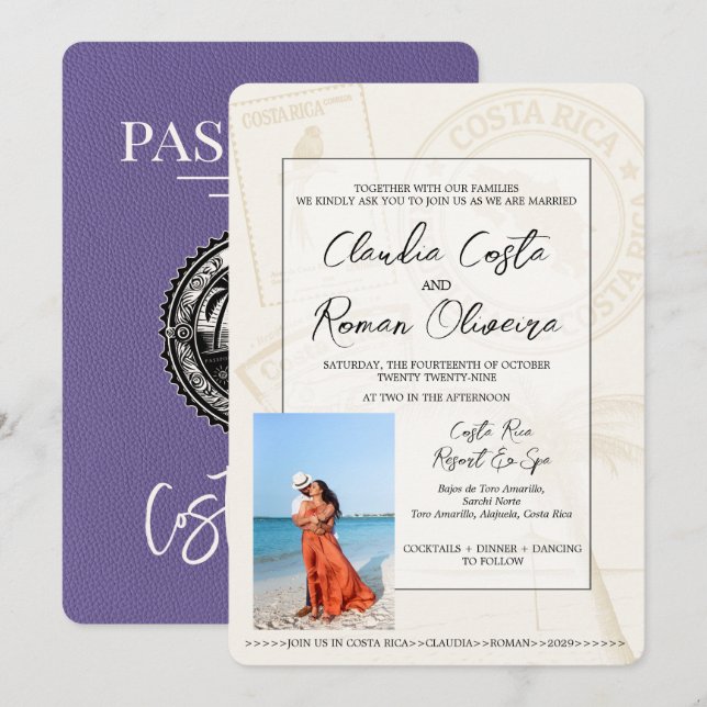 Lilac Costa Rica Passport Wedding Einladung (Vorne/Hinten)