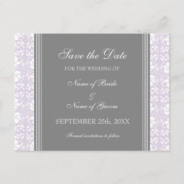 Lilac Damask Save the Date Hochzeitspostkarten Ankündigungspostkarte (Vorderseite)