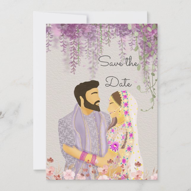 Lilac Delight Indian Couple Illustration Save The Date (Vorderseite)