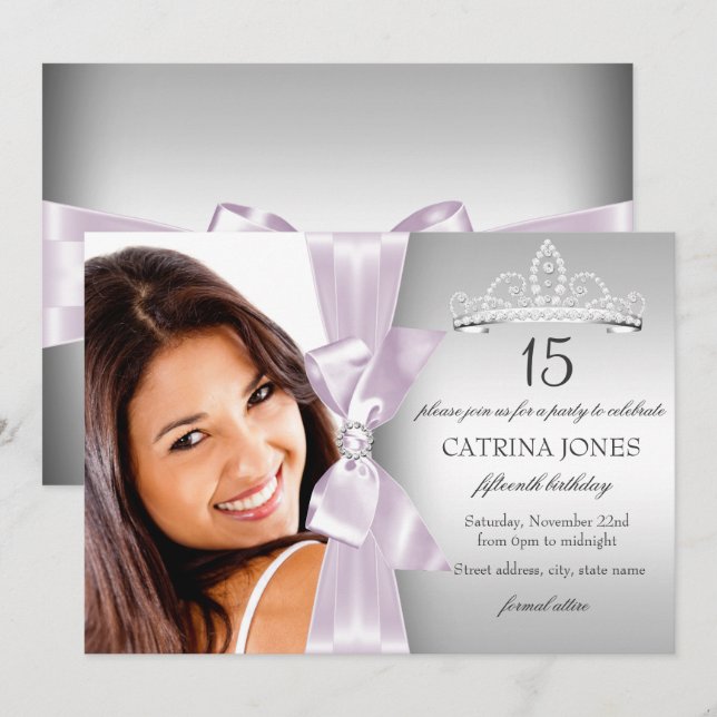 Lilac Diamond Bow & Tiara Quinceanera Invitation (Devant / Derrière)