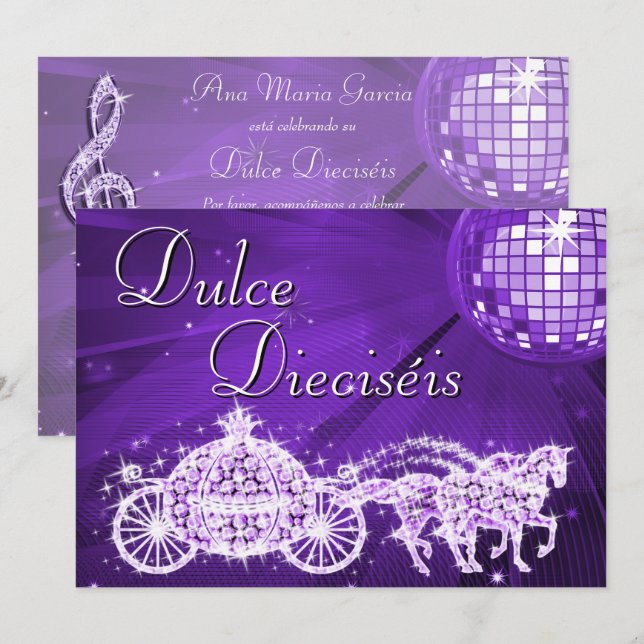 Lilac Disco Ball, Princess Coach & Horses Sweet 16 Einladung (Vorne/Hinten)