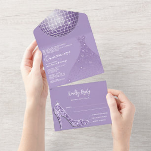 Lilac Disco Ball, Stiletto & Ball Gown Quinceañera All In One Einladung