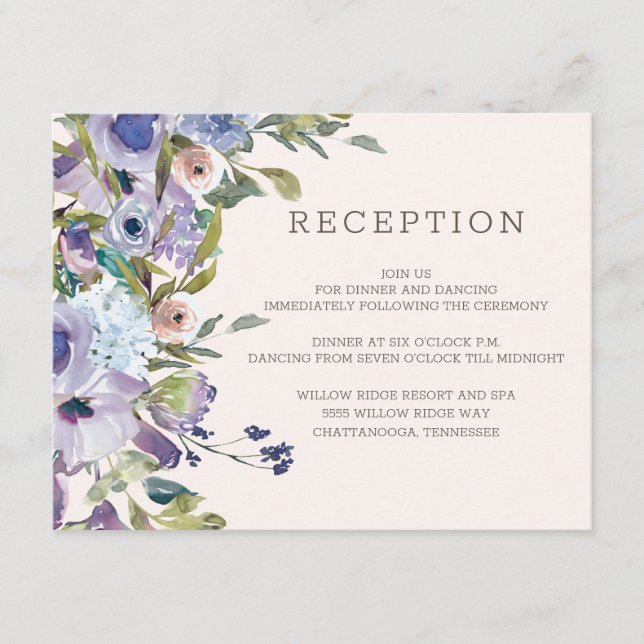 Lilac Dusty Blue Boho Floral Wedding Reception Begleitkarte (Vorderseite)