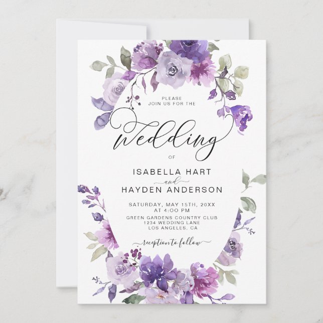 Lilac Dusty Lila Mauve Floral Elegante Hochzeit Einladung (Vorderseite)