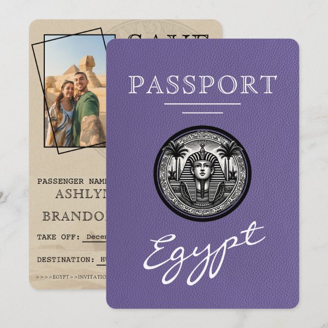 Lilac Egypt Passport Wedding Save the Date (Vorne/Hinten)