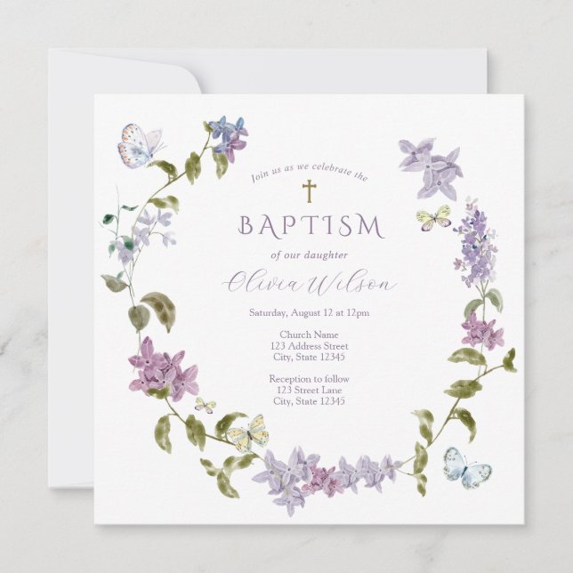 Lilac et papillons Baptême Invitation (Devant)