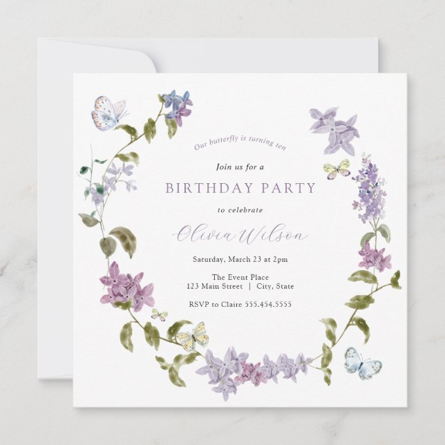 Lilac et papillons Invitation d'anniversaire (Devant)