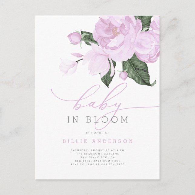 Lilac Floral Baby in Bloom Girl Shower Einladungspostkarte (Vorderseite)
