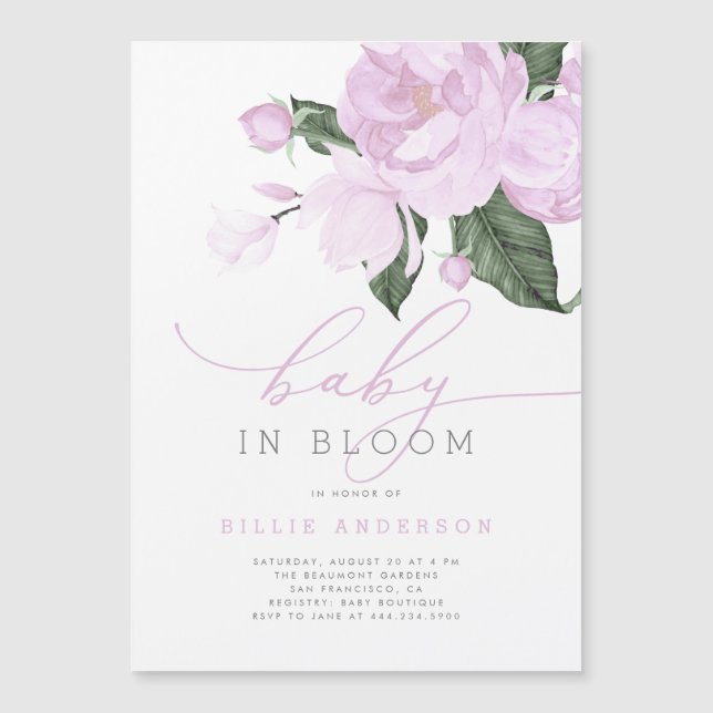 Lilac Floral Baby in Bloom Shower Girl Magneteinladung (Vorderseite)