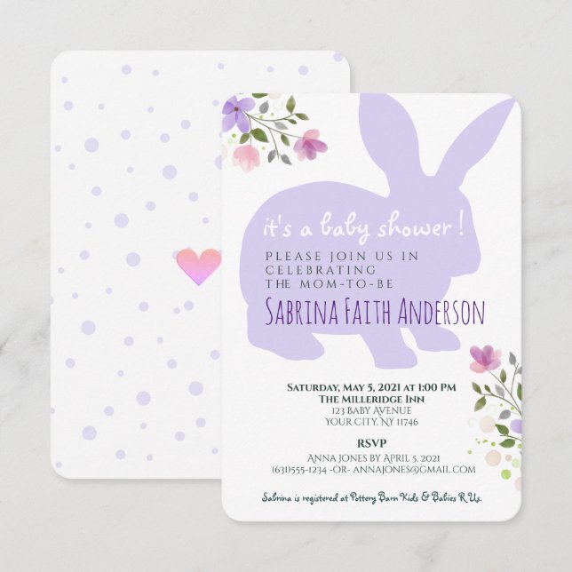 Lilac Floral Bunny Baby shower Invitation (Devant / Derrière)