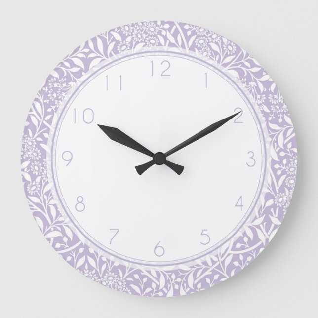 Lilac Floral Damask Pattern Große Wanduhr (Vorderseite)