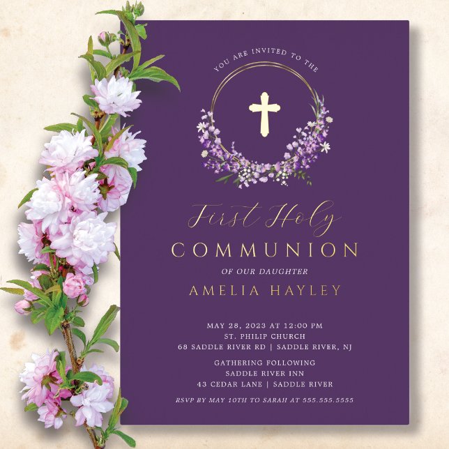 Lilac Floral Girls First Communion Foil Invitation (Créateur téléchargé)