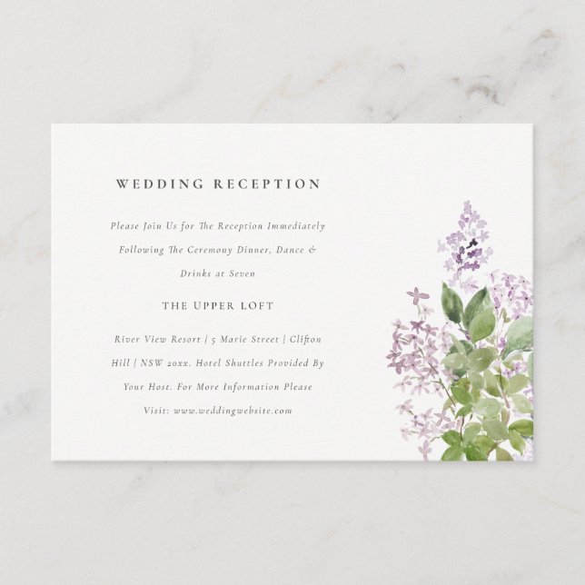 Lilac Floral Hütte Garden Wedding Empfang Begleitkarte (Vorderseite)