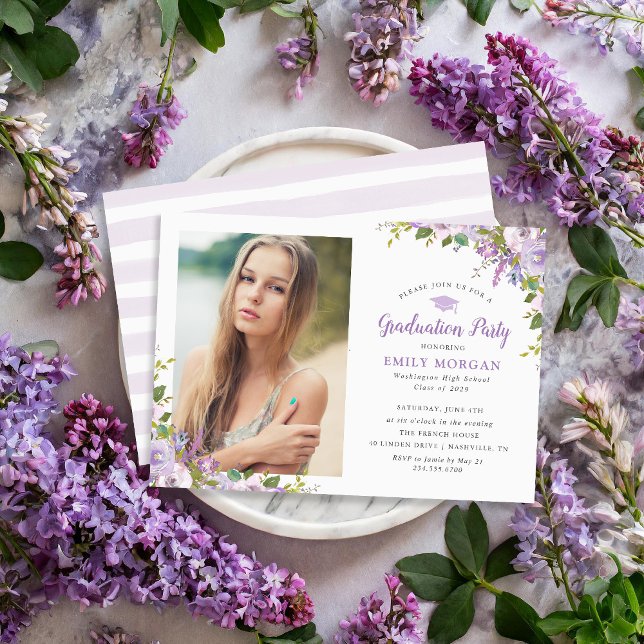 Lilac Floral Photo Graduation Party Invitation (Créateur téléchargé)