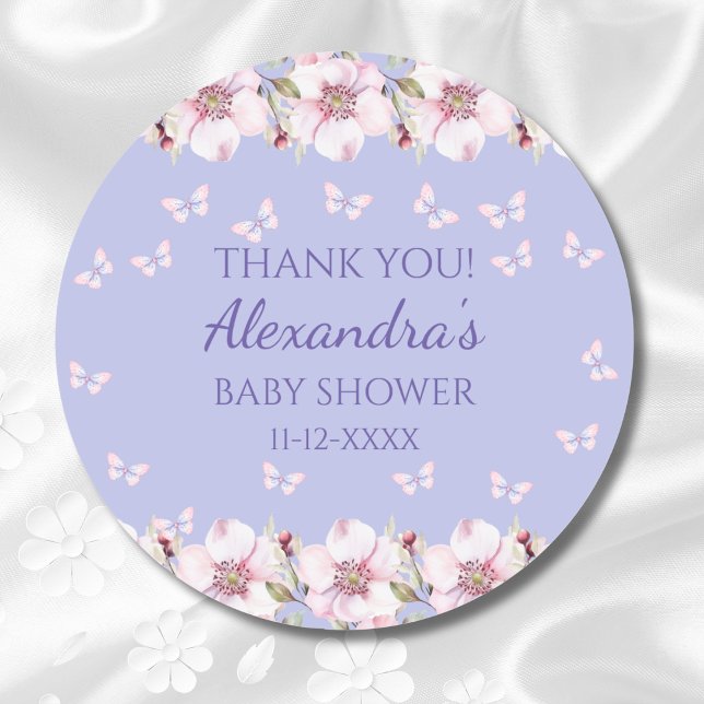 Lilac Floral Pink Butterfly Baby Dusche Vielen Dan Runder Aufkleber (Von Creator hochgeladen)