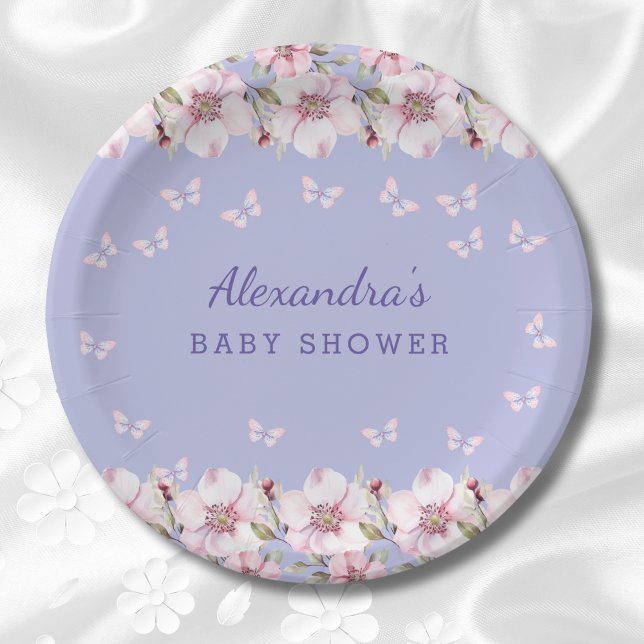 Lilac Floral Pink Butterfly Babydusche Pappteller (Von Creator hochgeladen)