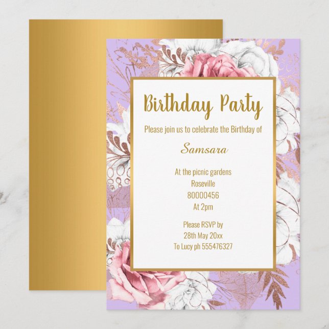 LILAC FLORAL ROSE GOLD BOUQUET INVITATION D'ANNIVE (Devant / Derrière)