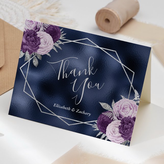 Lilac Floral Silver Navy Blue Foil Wedding Dankeskarte (Von Creator hochgeladen)