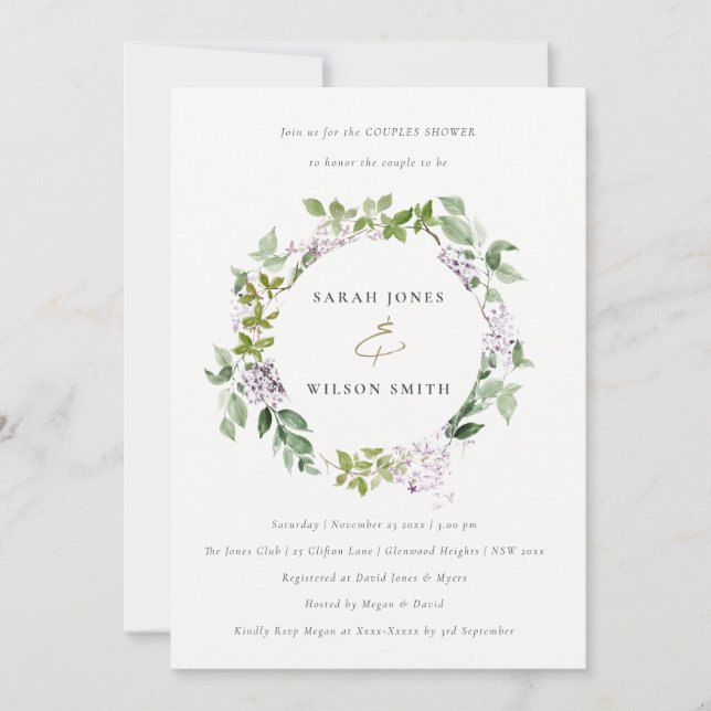 Lilac Floral Wreath Hütte Garden Couples Dusche Einladung (Vorderseite)