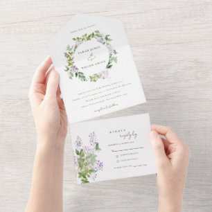 Lilac Floral Wreath Hütte Garden Wedding All In One Einladung