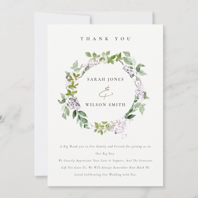 Lilac Floral Wreath Hütte Garden Wedding Dankeskarte (Vorderseite)