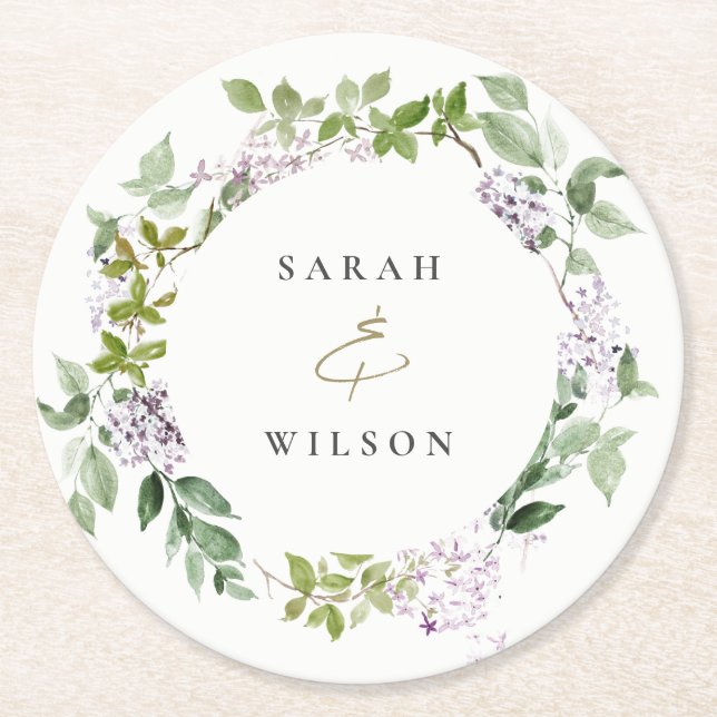 Lilac Floral Wreath Hütte Garden Wedding Runder Pappuntersetzer (Vorderseite)