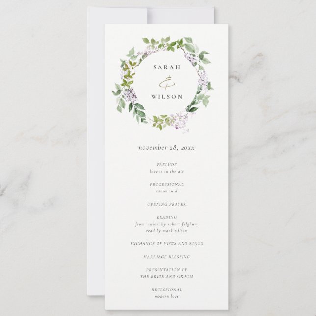 Lilac Floral Wreath Programme de mariage des chale (Devant)