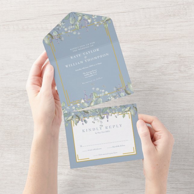Lilac Foliage Dusty Blue Monogram Wedding All In One Einladung (Abreißen)