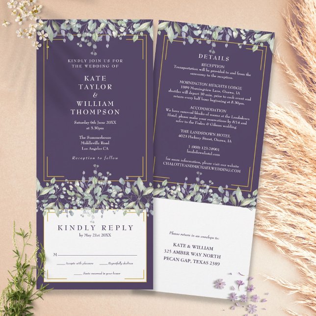 Lilac Foliage Lila in einer Hochzeitdetails Einladung (Von Creator hochgeladen)