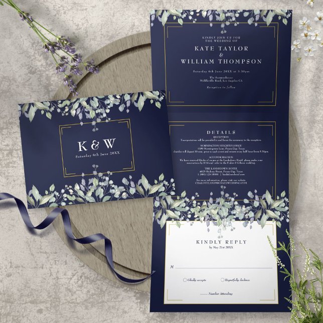 Lilac Foliage Navy Blue Monogram Foto Wedding Dreifach Gefaltete Einladung (Von Creator hochgeladen)