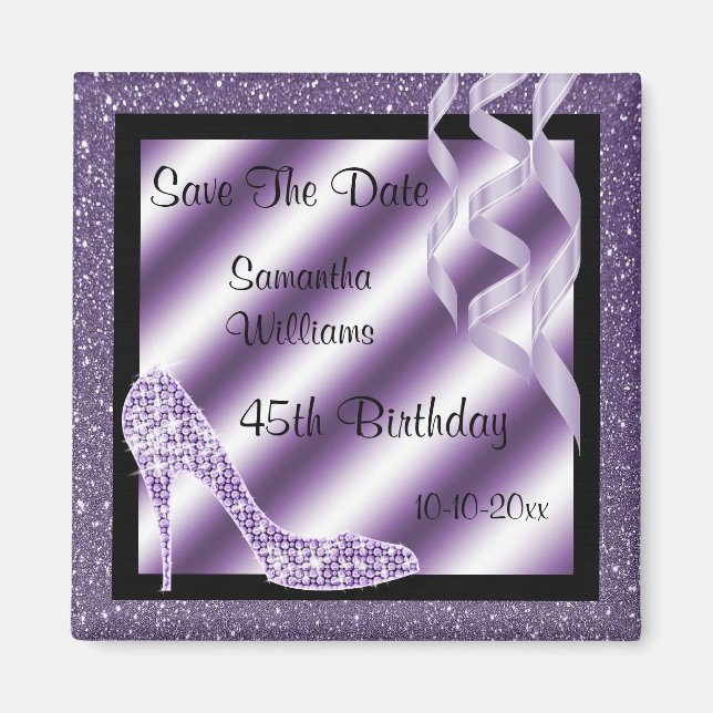 Lilac Glittery Stiletto & Streamers 45. Geburtstag Magnet (Vorne)