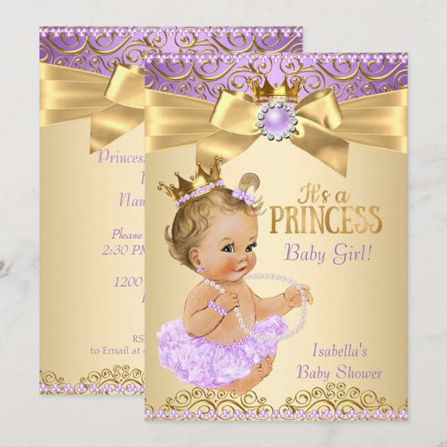 Lilac Gold Ballerina Princess Baby Dusche Blonde Einladung (Vorne/Hinten)