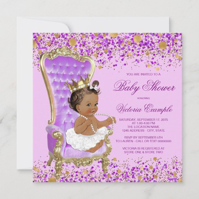 Lilac Gold Princess Baby Dusche Einladung (Vorderseite)