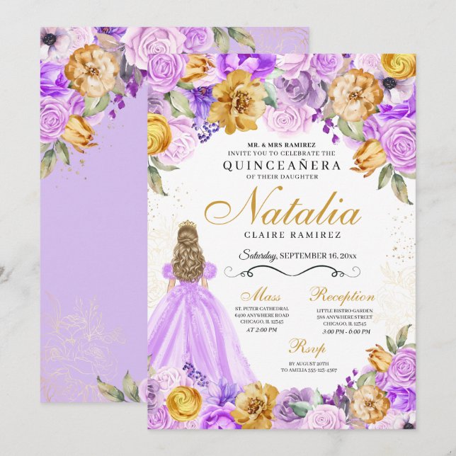 Lilac Gold Princess Glitzer Tiara Quinceanera Einladung (Vorne/Hinten)