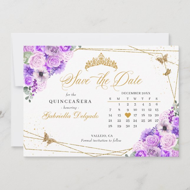 Lilac & Gold Quinceañera Save the Date Einladung (Vorderseite)