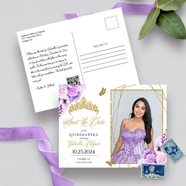 Lilac & Gold Tiara Quinceañera Foto Postkarte (Von Creator hochgeladen)