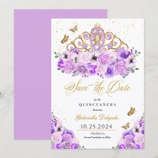 Lilac & Gold Tiara Save the Date Quinceañera Einladung