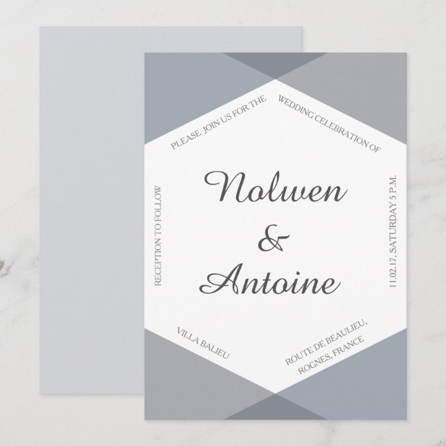 Lilac gray blue hexagon Moderne Hochzeit Einladung (Vorne/Hinten)