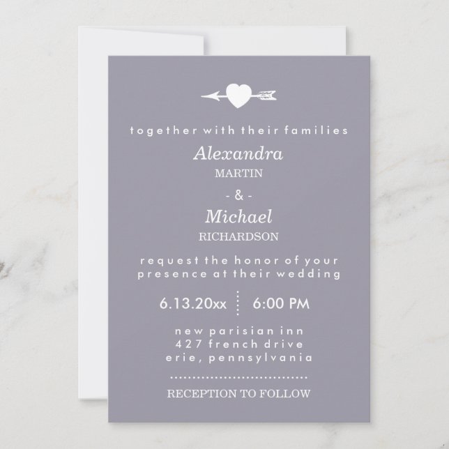 Lilac Gray mit Herz und Pfeil Elegante Hochzeit Einladung (Vorderseite)