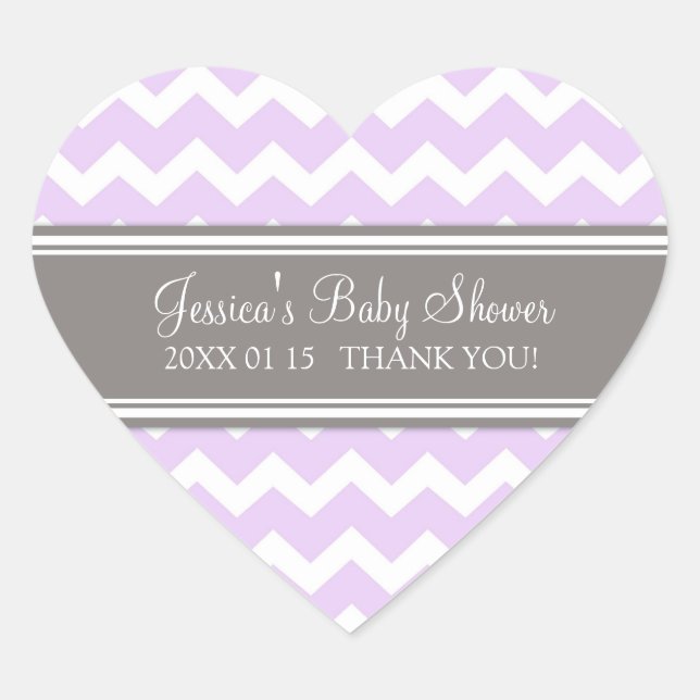 Lilac Gray Zickzack Baby Shower Pflegeaufkleber Herz-Aufkleber (Vorderseite)