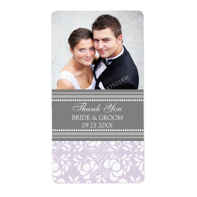 Lilac Grey Damask Photo Mariage Étiquettes (Devant)
