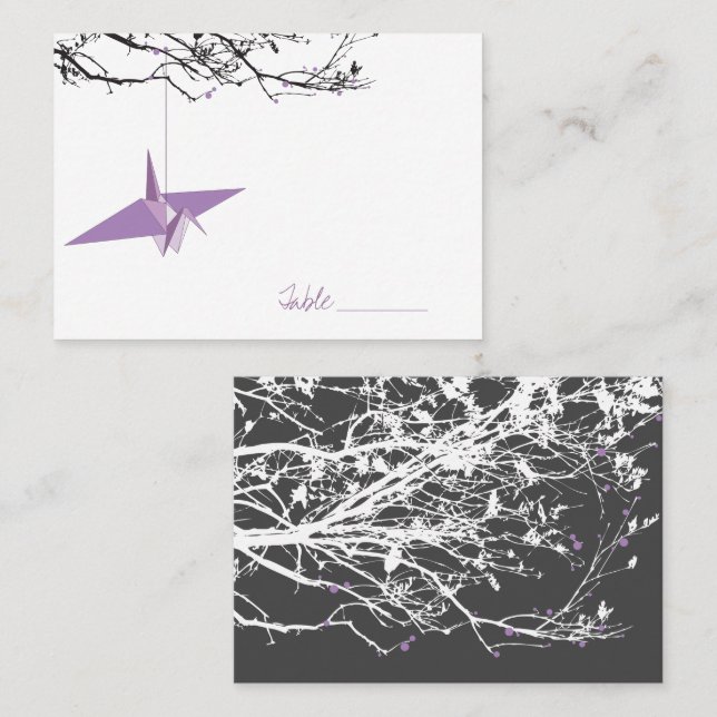 Lilac Hanging Crane auf Zweigen Asiatische Hochzei Platzkarte (Vorne/Hinten)